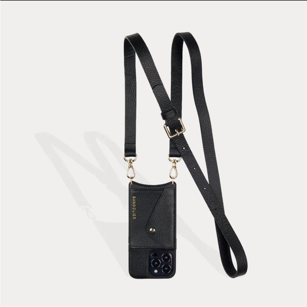 SOLD - BANDOLIER HAILEY SIDE SLOT LEATHER CROSSBODY BLACK/GOLD iPhone 14 Pro Max